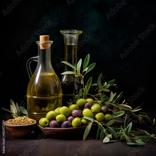 a bottle of olive oil with olives and leaves
