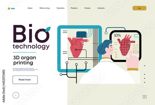 Bio Technology, 3D organ printing -modern flat vector concept illustration of 3D printer creating a human heart. Metaphor of technology in organ transplantation and the future of regenerative medicine