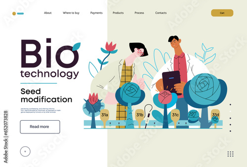 Bio Technology, Seed Modification -modern flat vector concept illustration of scientists analysing genetic modificated variants of a plant. Metaphor of direct impact of GMO on vegetation