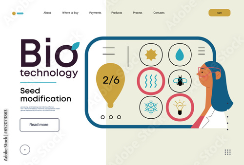 Bio Technology, Seed Modification -modern flat vector concept illustration of scientists choosing features for a seed, genetic modificated variants. Metaphor of direct impact of GMO on vegetation