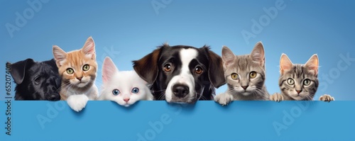 Dogs and Cats, peeking over the clear solid blue top line, petshop banner, happy, smile, funny. Generative AI image weber. © Summit Art Creations