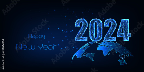 Futuristic 2024 landing page template with 2023 digits and planet Earth map on dark blue background.