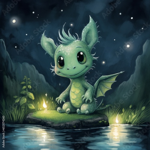 Cute happy mischievous young green dragon  fantasy illustration  playful  outdoors  forest setting. Generative AI.  