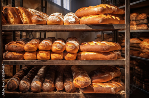 Fresh bread on shelves in bakery. Breads with a golden crust on wooden shelves. Loaves of bread assortment.