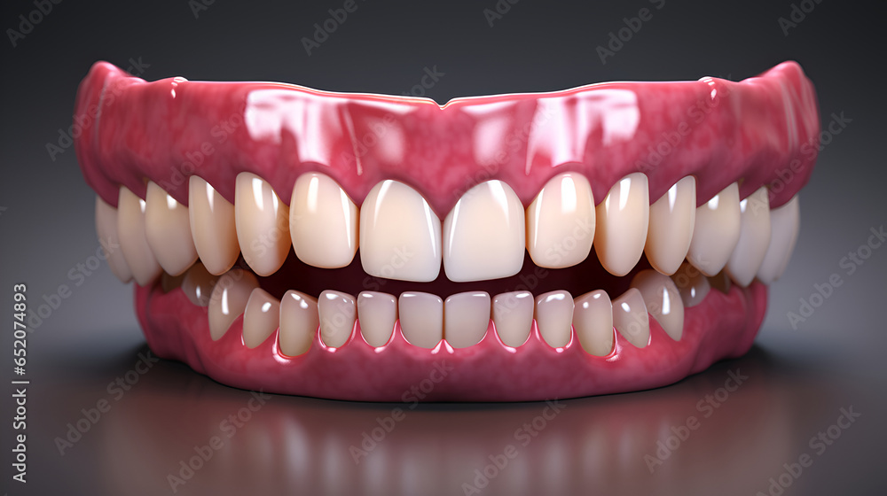 Model of a human jaw with white veneers on teeth. Jaw in dentistry. Clean denture, model with veneers on teeth in dentist's office. Model of a human jaw with white veneers on teeth. Jaw in dentistry. Clean denture, model with veneers on teeth in dentist's office.