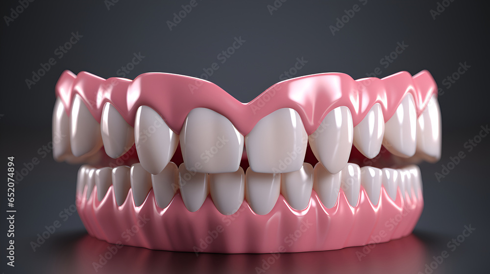Fototapeta premium Model of a human jaw with white veneers on teeth. Jaw in dentistry. Clean denture, model with veneers on teeth in dentist's office.