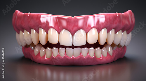 Model of a human jaw with white veneers on teeth. Jaw in dentistry. Clean denture, model with veneers on teeth in dentist's office.
