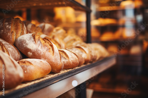 Fotografia Blurred bakery shop in wholesale store with fresh baked bread on wooden shelf