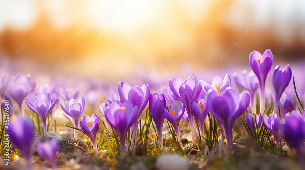Crocus spring flower Growth In The summer with beautiful sunlight. Beautiful Floral wide panorama. Purple Crocus Iridaceae, spring background with bokeh wide angle Crocus spring flower Growth In The summer with beautiful sunlight. Beautiful Floral wide panorama. Purple Crocus Iridaceae, spring background with bokeh wide angle