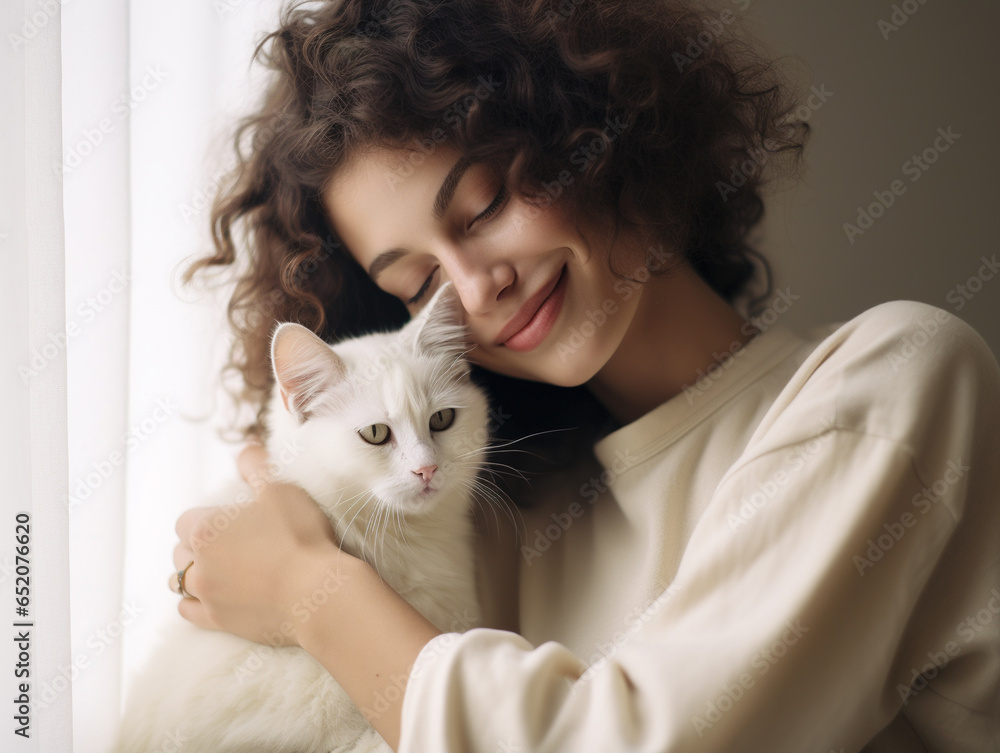 Portrait of young woman with her cute kitten Portrait of young woman with her cute kitten