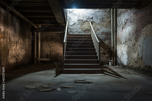 empty basement in abandoned old industrial building with little light and a wooden stairs photo