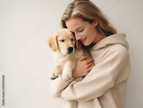 Portrait of young beautiful woman with her cute puppy