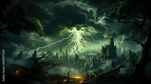 A dark and stormy forest with dramatic lightning
