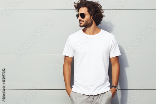 man in sunglasses, in classic white t-shirt a city street. ai design