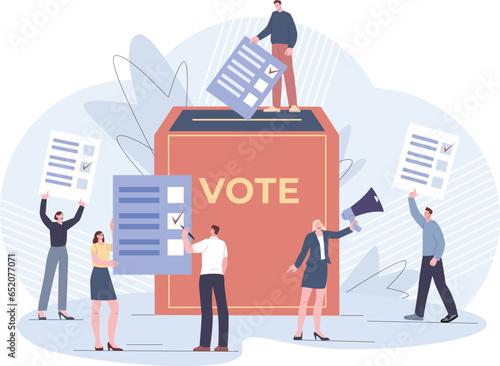 People vote. Polling and electoral system, political democracy election. Box for ballots, candidate lists. Citizen referendum or survey kicky vector scene