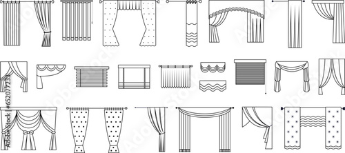 Line curtains for door, window or stage. Windows decorations, outline blinds and curtain. Various fabric interior design, indoor decent vector elements