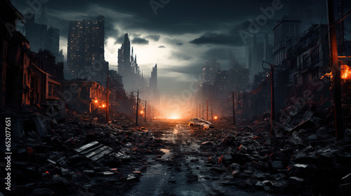 Post apocalypse, apocalyptic view of dark destroyed city after war photo