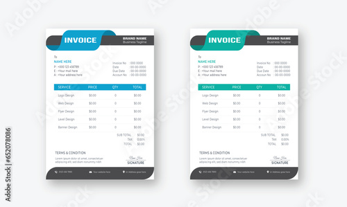 Clean business invoice design template. Invoicing quotes, money bills or price invoices and payment agreement design templates. Tax form, bill graphic or payment receipt page vector set