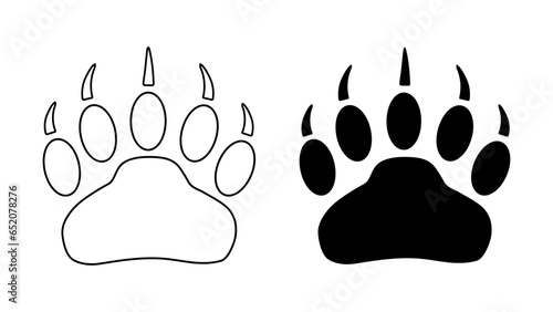 Bear or panda paw footprint with claws. Silhouette, contour. Icon. Vector isolated on white. Black and white. Grizzly wild animal paw print icon and symbol. Print, textile, postcard booklet pet store