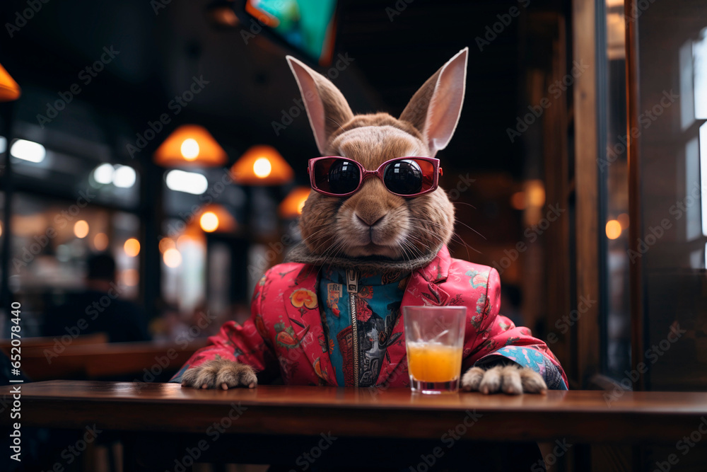 A rabbit cool, modern, and successful sunglasses enjoys a beer and the night at a bar. banner