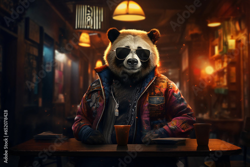 A bear panda cool, modern, and successful sunglasses enjoys a beer and the night at a bar. banner