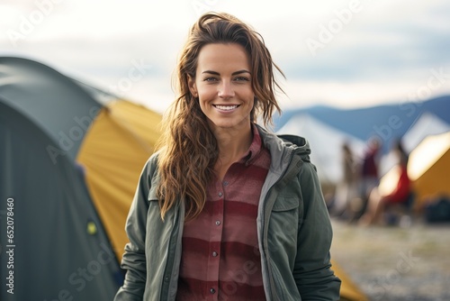 Portrait of a smiling woman with tent behind