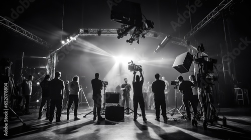Behind the scene of film production in the studio. Movie making scene in black and white.