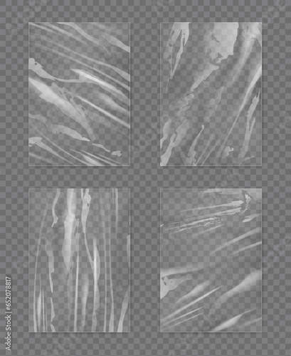 Plastic foil. Realistic textures silver and white foil cellophane tape for food decent vector templates
