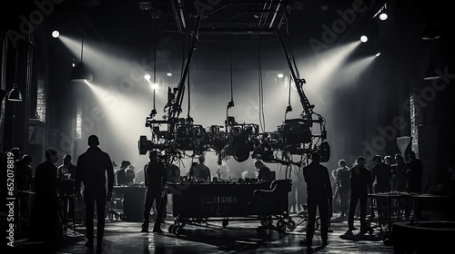 Behind the scene of film production in the studio. Movie making scene in black and white.