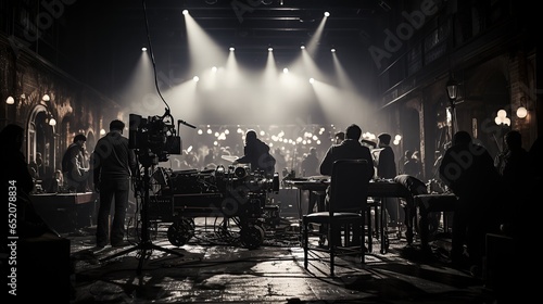 Behind the scene of film production in the studio. Movie making scene in black and white.