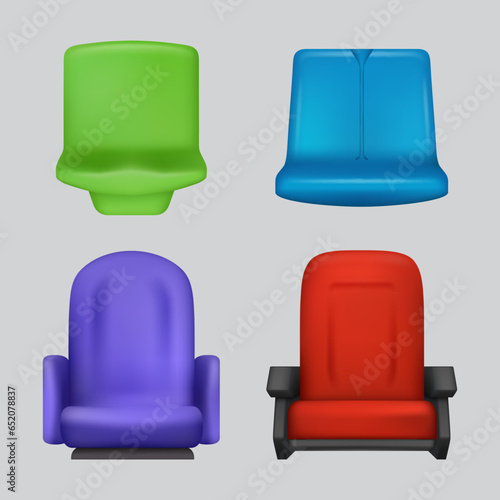 Sport seat. Plastic chairs for sport tribunes decent vector realistic pictures set