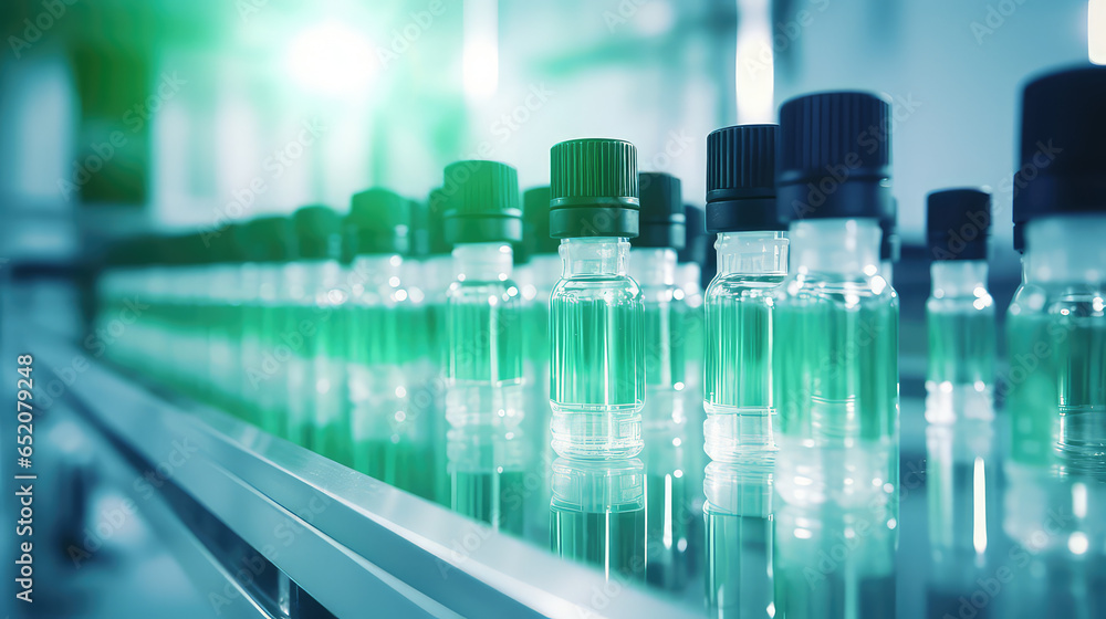 Medical glass vials on production line at pharmaceutical factory, pharmaceutical vaccine bottles production line. Medical glass vials on production line at pharmaceutical factory, pharmaceutical vaccine bottles production line.