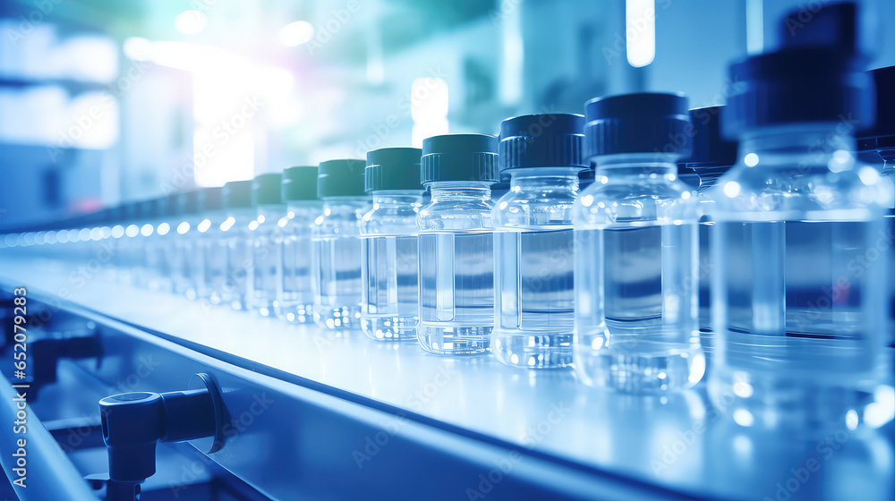Medical glass vials on production line at pharmaceutical factory, pharmaceutical vaccine bottles production line. Medical glass vials on production line at pharmaceutical factory, pharmaceutical vaccine bottles production line.
