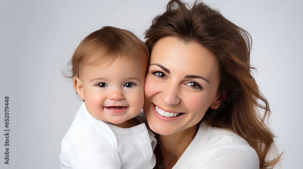 Portrait of a young happy mother holding her sweet little baby in her arms on white studio background with copy space. Portrait of a young happy mother holding her sweet little baby in her arms on white studio background with copy space.