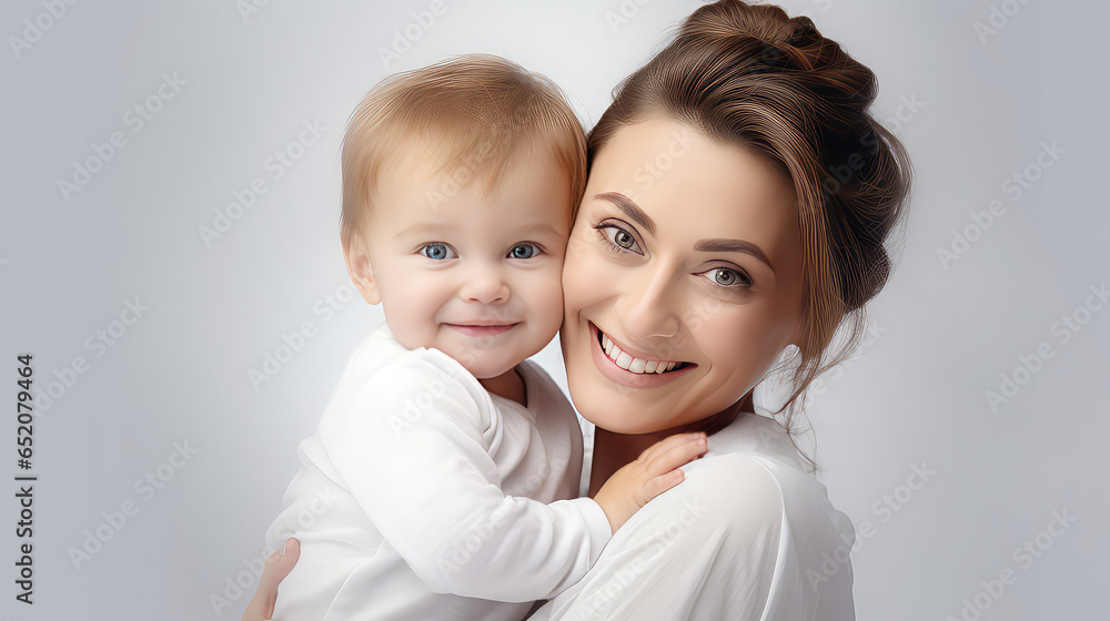 Portrait of a young happy mother holding her sweet little baby in her arms on white studio background with copy space. Portrait of a young happy mother holding her sweet little baby in her arms on white studio background with copy space.