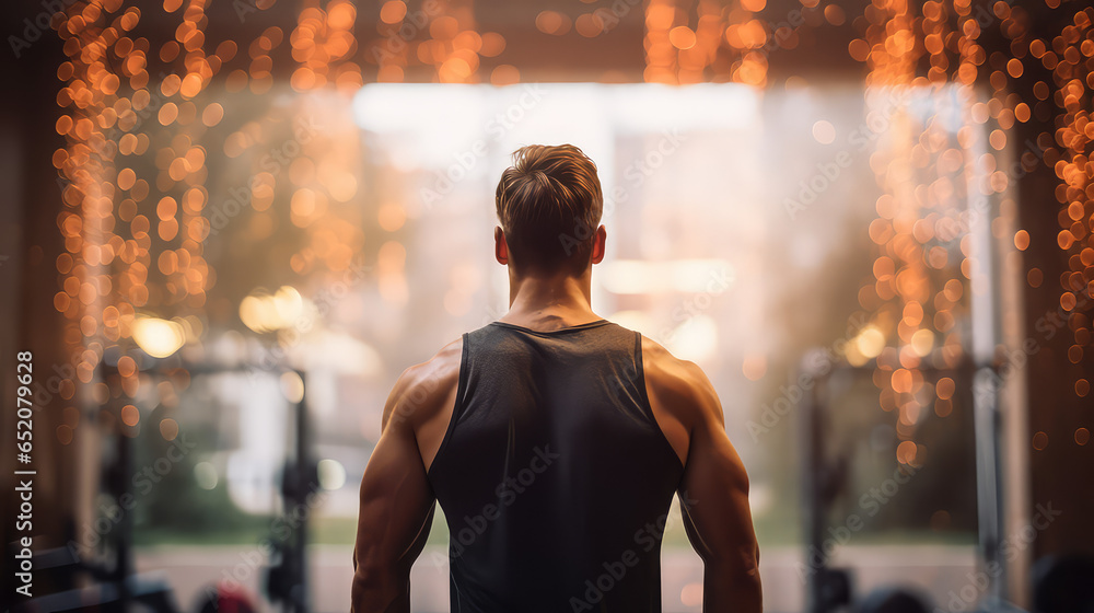 Fototapeta premium View from behind, young Fitness man, workout. Back view of a muscular, pumped-up male bodybuilder athlete.
