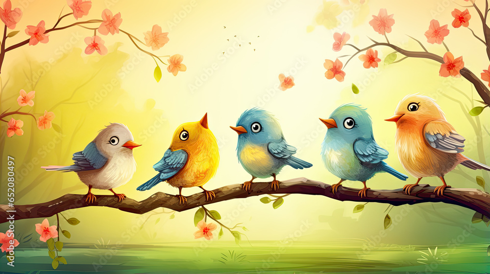 funny little birds sit on a branch in a spring Sunny Park and chirp