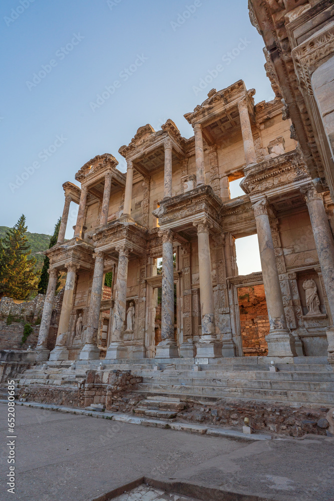 The ruins of the ancient city of Ephesus with sunset light and night lights