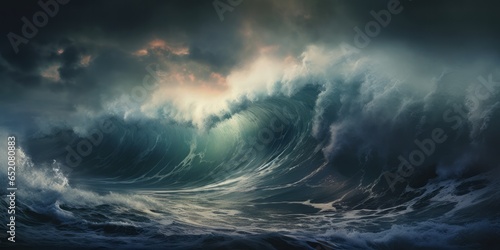 Dramatic breaking crashing wave in the ocean, large with ominous cloudy sky, white crested. Generative AI.