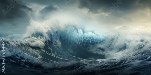 Dramatic breaking crashing wave in the ocean  large with ominous cloudy sky  white crested. Generative AI.   