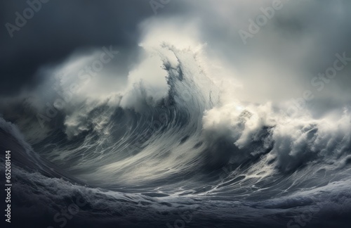 Dramatic breaking crashing wave in the ocean, large with ominous cloudy sky, white crested. Generative AI.