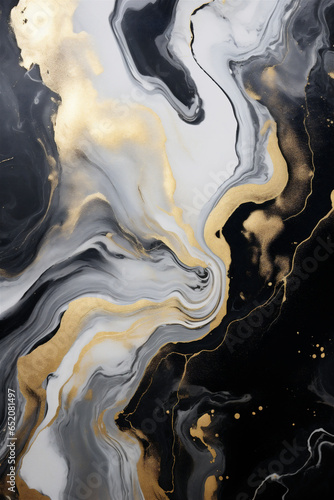 Abstract Painting Marbled Black and Gold Ink Texture, Luxurious Black Grey and Gold Swirls, Luxury Background, Generative AI