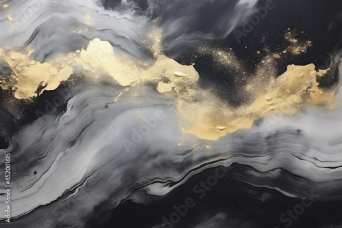 Abstract Painting Marbled Black and Gold Ink Texture, Luxurious Black Grey and Gold Swirls, Luxury Background, Generative AI