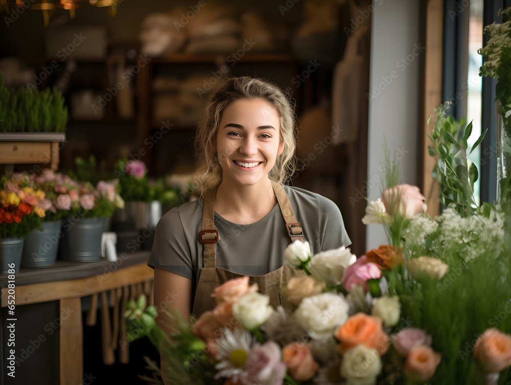 Woman Charming Florist Shop Owner: Smiles Amidst Idyllic Rural Scenes in Light Gray and Light Bronze