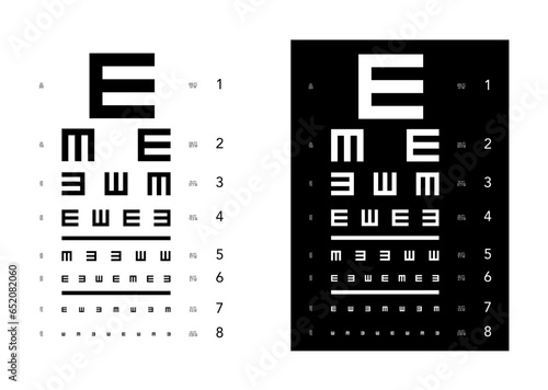 E chart Eye Test Chart tumbling medical illustration. Vector sketch style outline isolated on white and black background. Vision board optometrist ophthalmic for examination Checking optical glasses