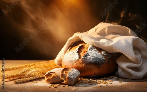 hot bread on the wooden table with ears of wheat