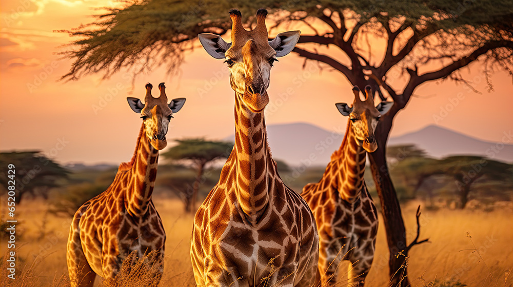 Giraffes in the African savannah. Serengeti National Park. Africa. Tanzania. - obrazy, fototapety, plakaty 
