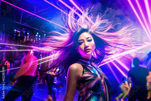 A beautiful asian woman dancing in an electronic music club - Generative AI © alpermer
