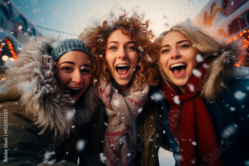 Happy girls friends taking a selfie  enjoying the outdoors in winter snow party 