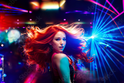 A beautiful redhead woman dancing in an electronic music club - Generative AI